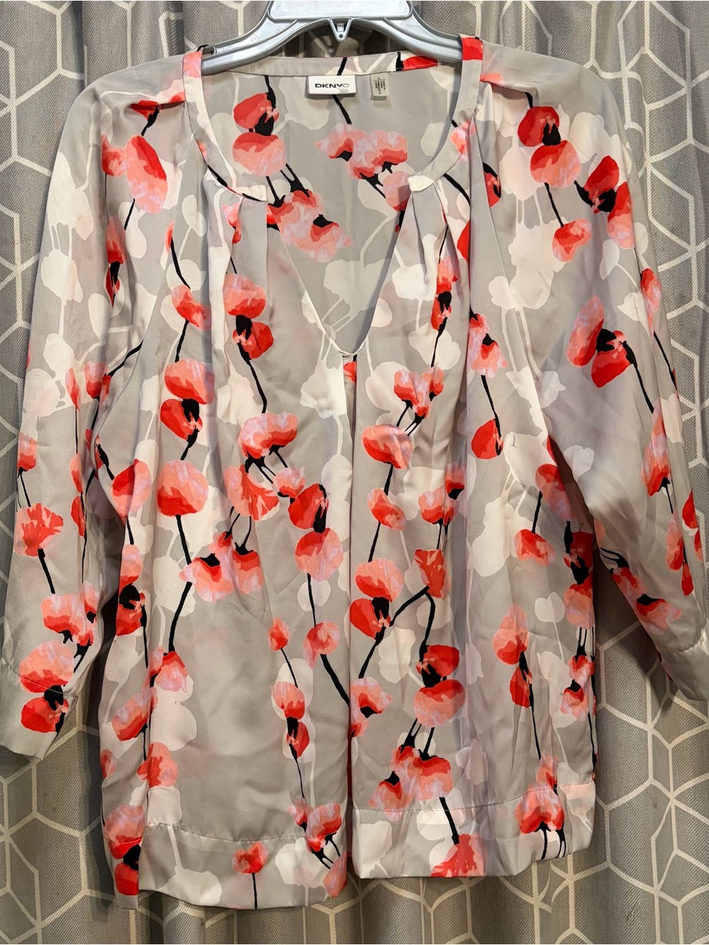DKNYC Gray Blouse with Coral Floral Print